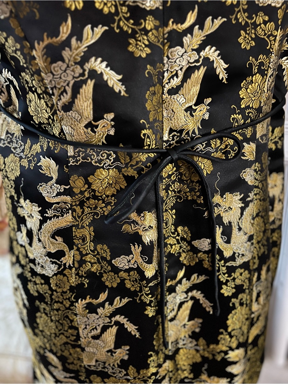 Black Gold Metallic Brocade Dragon Birds Cocktail Dress Vintage Mimi Maternity - Picture 11 of 12